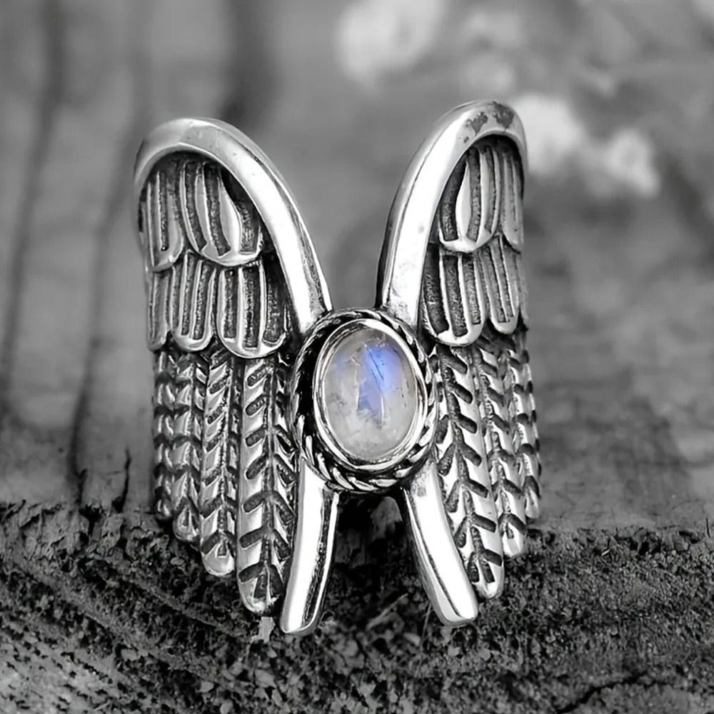 Angel Wings Moonstone Feather Ring Silver Plated Lab Created Gem Multiple Sizes - Picture 2 of 12